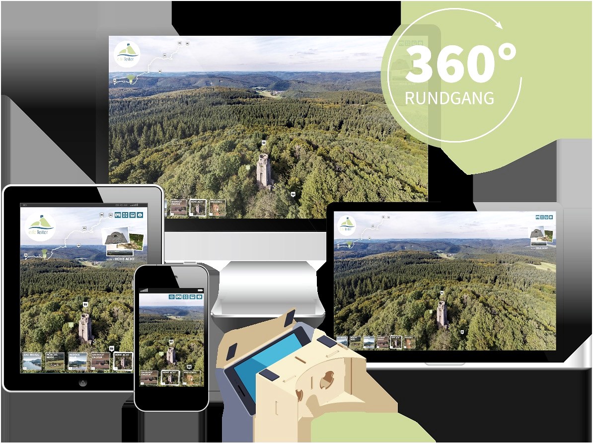 Premiumwanderweg Eifelleiter aus der Vogelperspektive erleben! Fotografie wird immer mehr zum Erlebnis. 360°-Technik bietet hochauflösende Bilder, interaktive Elemente und spannende Funktionen. So wurde die Eifelleiter noch nie gesehen!
Die Eifelleiter, die rund 53 km lange Berg-Wochenendtour, die gleich drei Landschaften miteinander verbindet, kann seit Neustem aus der Vogelperspektive betrachtet werden. Vom romantischen Rhein durch das landschaftlich bezaubernde Brohltal bis zur Hohen Acht und Adenau – die drei beteiligten Verbandsgemeinden Bad Breisig, Brohltal und Adenau haben von verschiedenen touristischen Highlights entlang der Wanderstrecke 360° Grad Panoramen erstellen lassen., © Tourist-Information Hocheifel Nürburgring